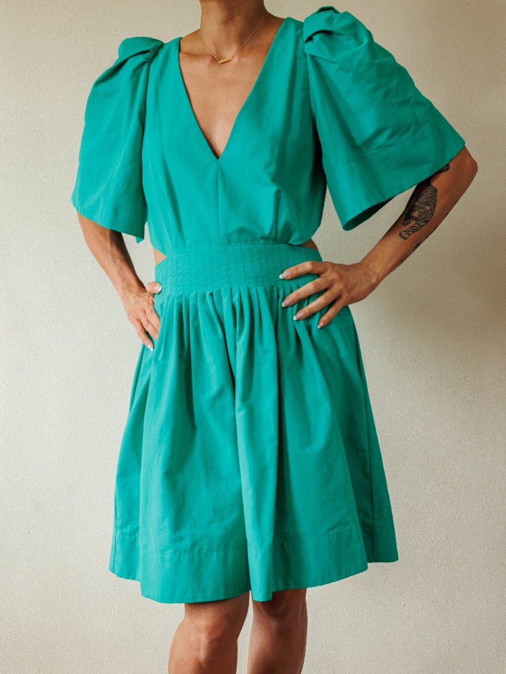 Sea Green Banana Republic Dress With Puffy Sleeves and Open Cut Out Back